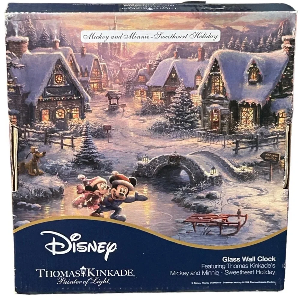 Disney & Thomas Kinkade Mickey & Minnie Sweetheart Holiday Glass Wall Clock